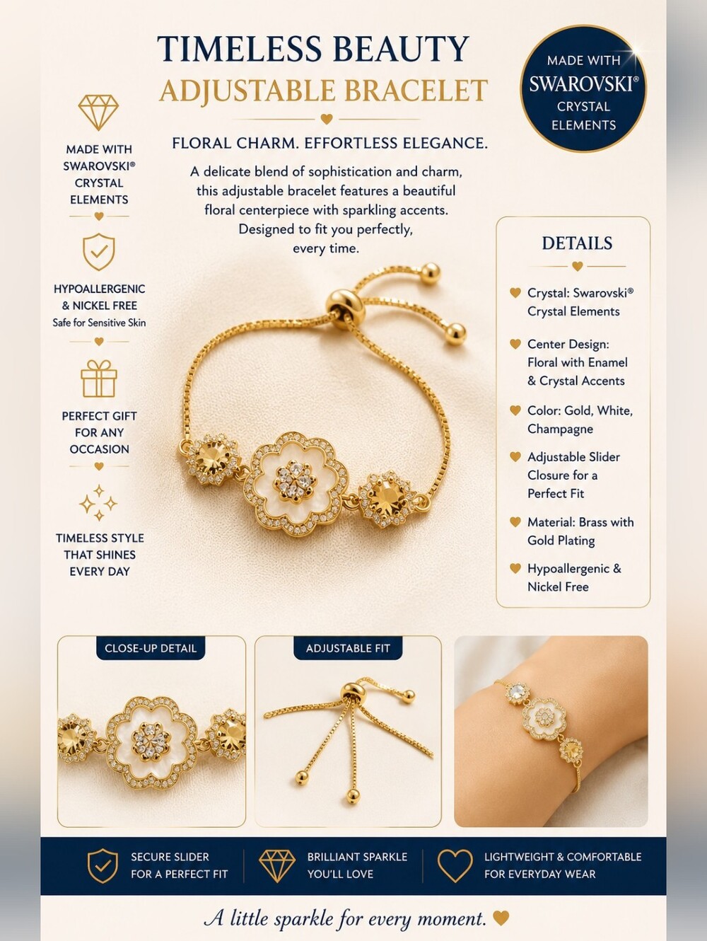 Timeless Beauty Floral Adjustable Bracelet — Gold & White